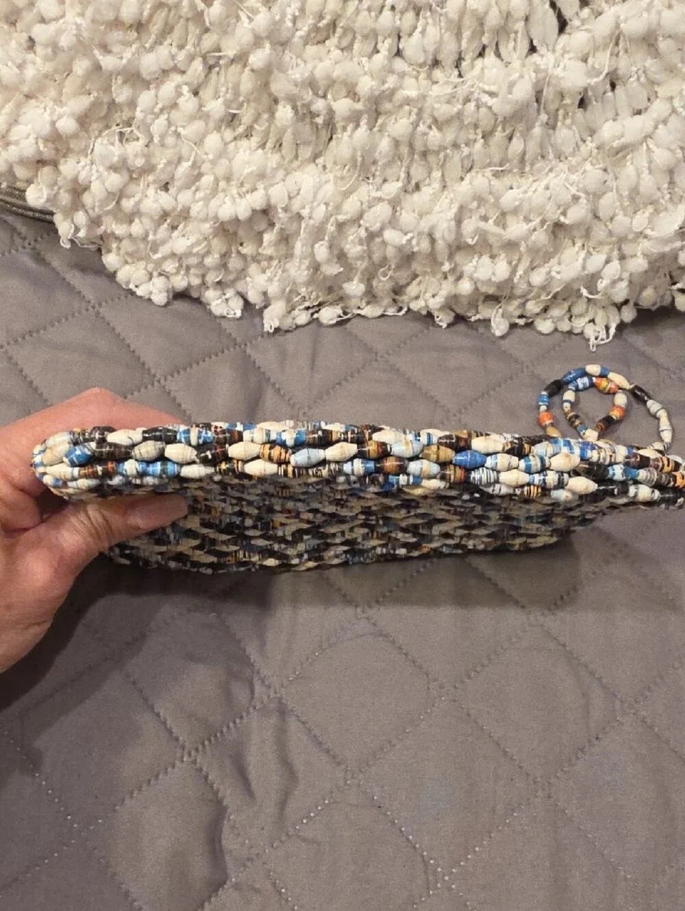 Handmade Paper Beaded Wristlet Clutch in Neutral, Brown & Blue - Picture 8 of 15